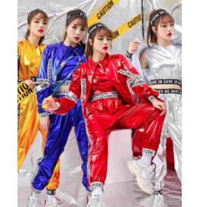 Hip hop dance costumes for women  girls Silver gold royal blue red pu leather glitter jazz gogo dancers dancing outfits for female